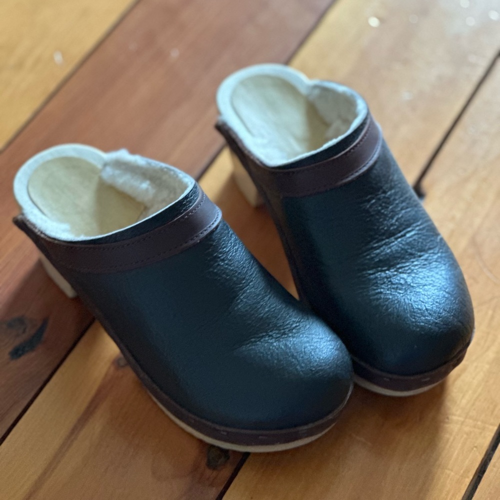 No.6 Dakota Shearling Clog on Mid Heel in Brown Leather, size 36